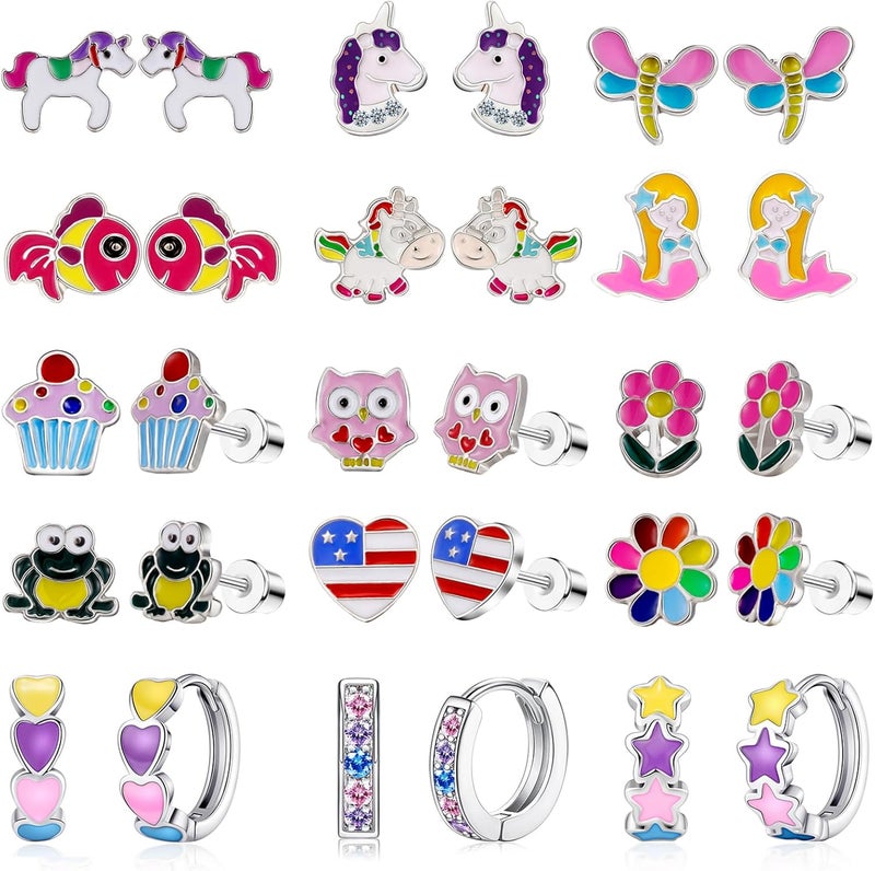 SYNLIN 15 Pairs Stud Earrings Set :12 Pairs Unique Cartoon Flat Back Earrings & 3 Pairs Mini Hoops with Stainless Steel Posts and Screwback Earring - Image 1